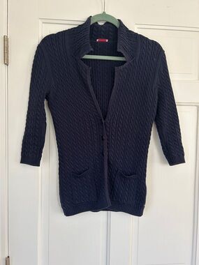 Classic Navy Cable-Knit Button Front Cardigan
